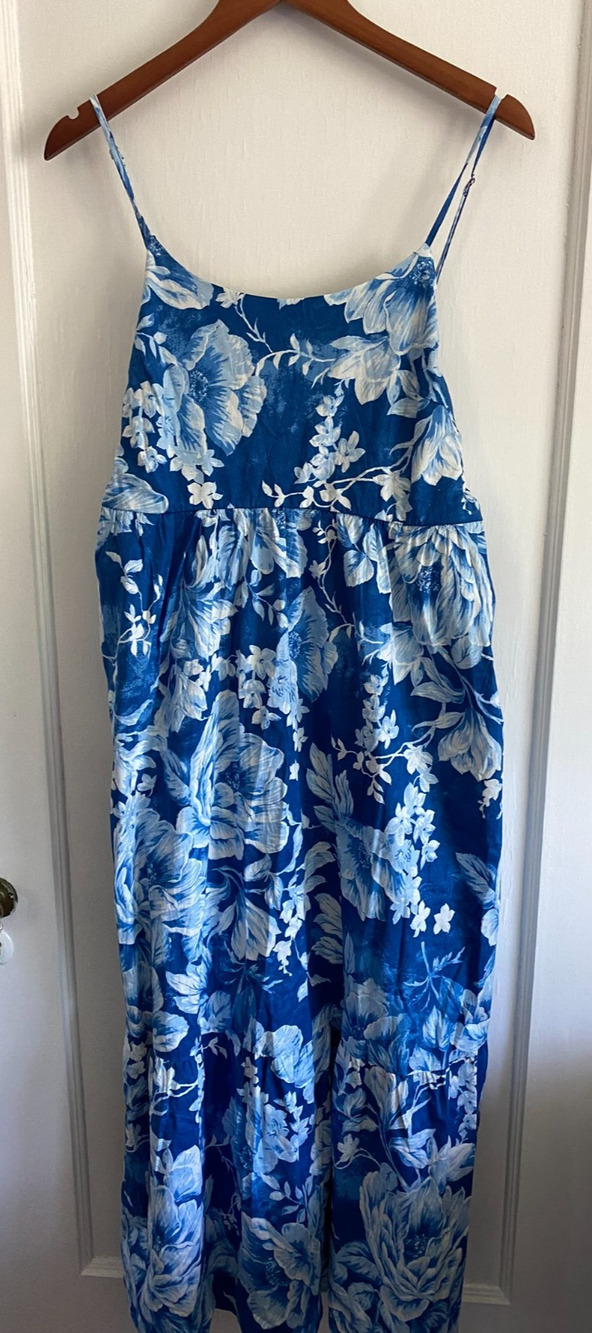 Joie Blue White Floral Cotton Tiered Maxi Dress Size 14 Tie Back Resort Wear